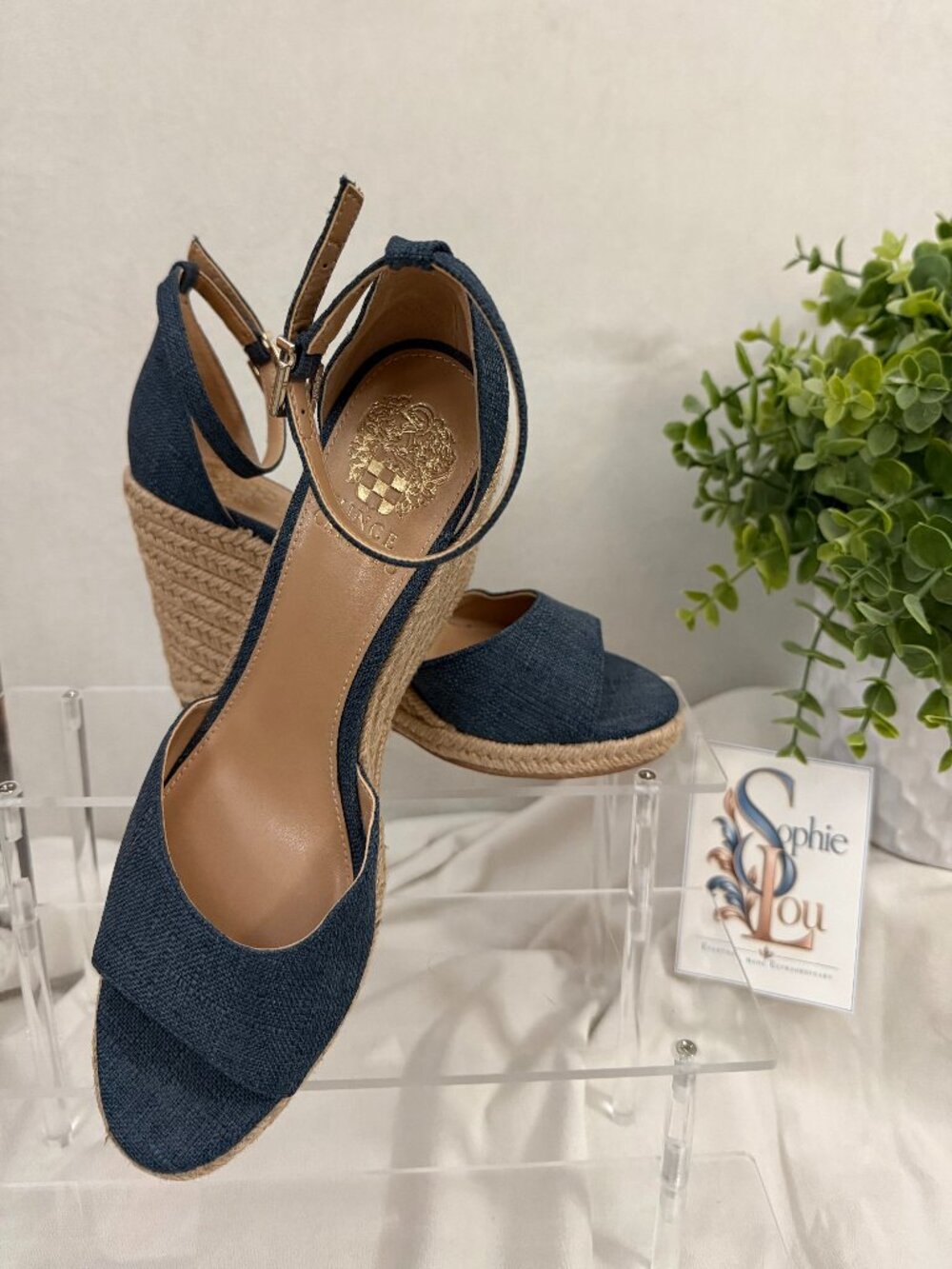 Vince Camuto Blue Denim Espadrille Wedge Sandals Ankle Strap 7 NEW